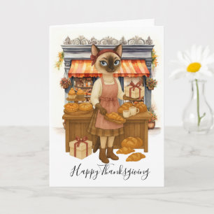 Cartão Folhas de outono de Cat Bakery de Ação de Graças e