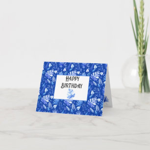 Cartão Folhas Tropicais Azul Cobalto Personalizadas Feliz