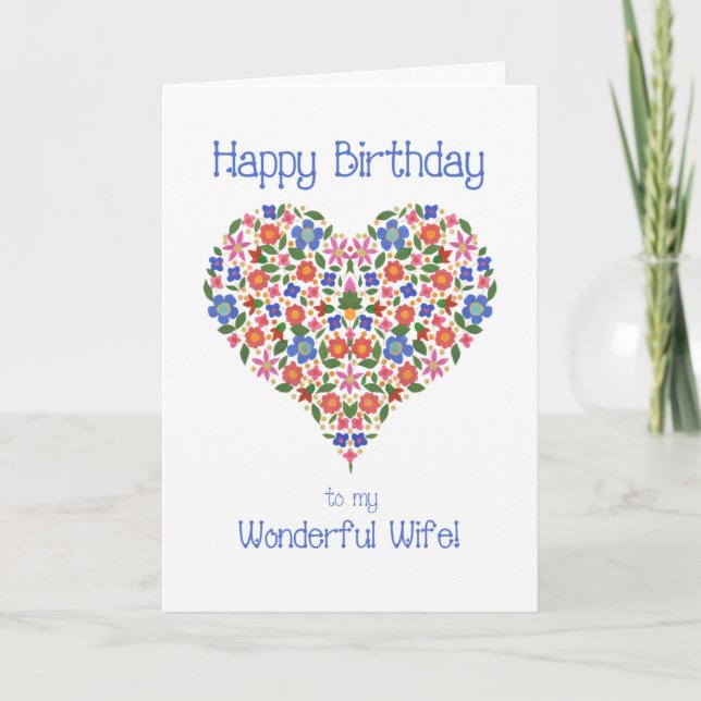 Cartão Folk Art Floral Heart Birthday Card for Wife (Frente)