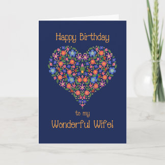 Cartão Folk Art Floral Heart Birthday Card para esposa