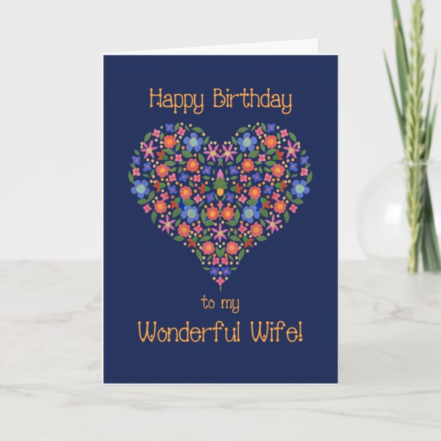 Cartão Folk Art Floral Heart Birthday Card para esposa (Frente)