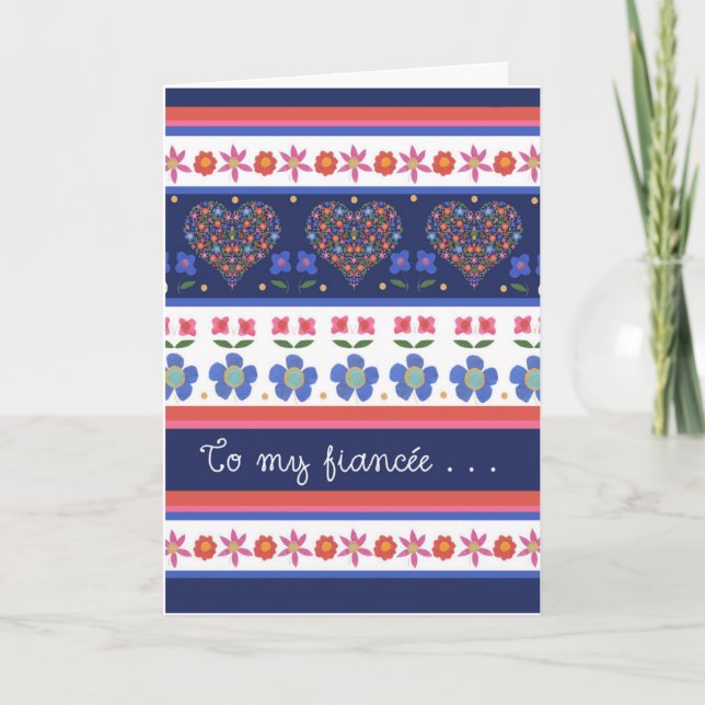 Cartão Folk Art Floral Hearts Birthday Card for Fiancee (Frente)