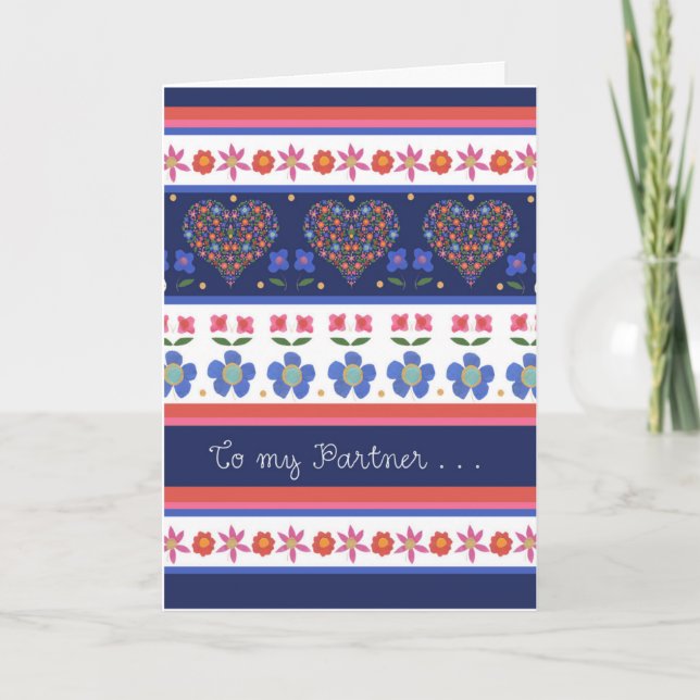 Cartão Folk Art Floral Hearts Birthday Card para Parceiro (Frente)