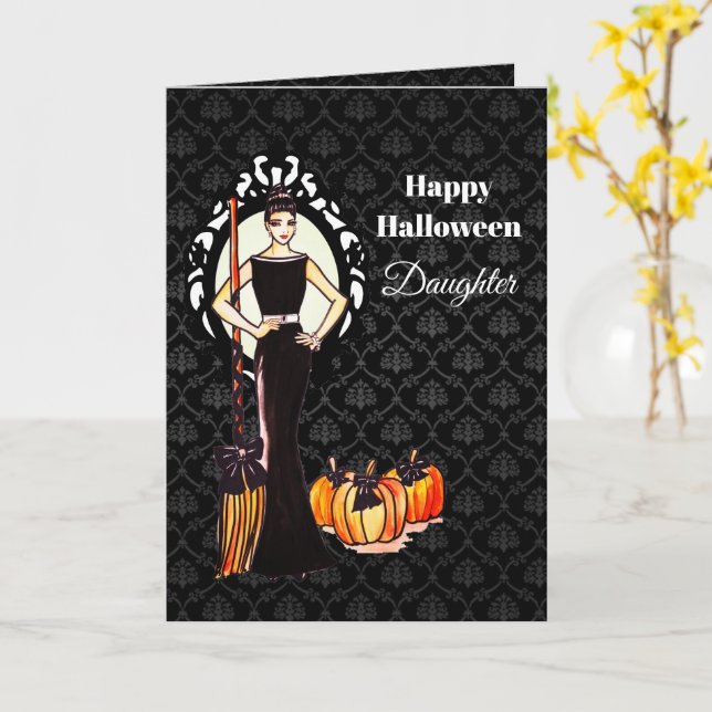 Cartão For Daughter on Halloween Lady Witch with Broom (Flor Amarela)