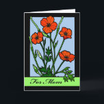 Cartão For Mom, Red Poppies for Happy Birthday<br><div class="desc">For Mom, Happy Birthday paper greeting card with an illustration of red poppies inside a black frame. Illustration looks like stained glass with the black outlines. Bright red poppies with dark green stems and leaves. Light blue sky background. Poppy element courtesy of Openclipart. Art, image, and verse copyright © Shoaff...</div>