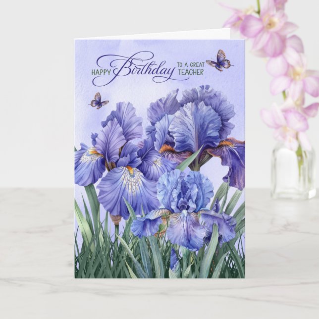 Cartão for Teacher Purple Iris with Butterflies Birthday (Orquídea)