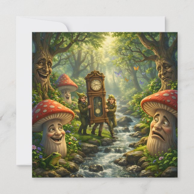 Cartão Forest mushroom and gnome clock birthday card (Frente)