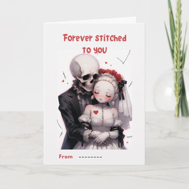 Cartão Forever Stitched to You Skeleton Couple Valentine  (Frente)