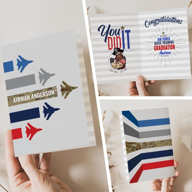 Cartão Formação Básica da Força Aérea 433 Raiders (Air Force Basic Training BMT Graduation Card 433 TRS Raiders Jet Flight Formation front inside back)