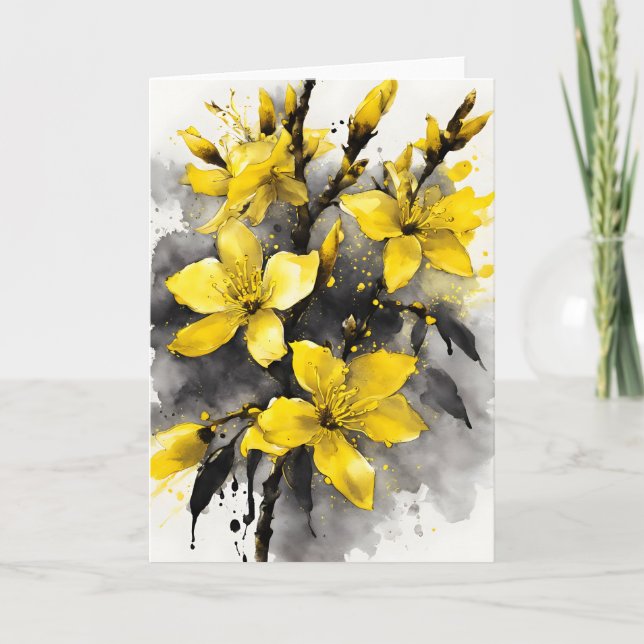 Cartão Forsythia - Watercolor flowers (Frente)
