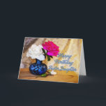 Cartão Foster Daughter, Happy Birthday with painted roses<br><div class="desc">Roses in a vase say Happy Birthday in a romantic way. Original artwork showing two roses in a blue vase with rosebuds lying on the table.</div>