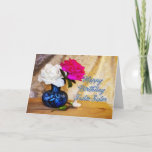 Cartão Foster sister, Happy Birthday with painted roses<br><div class="desc">Roses in a vase say Happy Birthday in a romantic way. Original artwork showing two roses in a blue vase with rosebuds lying on the table.</div>