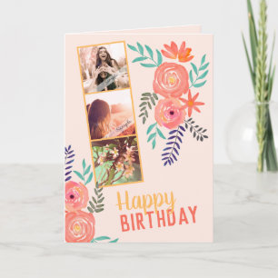 Cartão Foto Collage "Feliz Aniversário" Rosas cor-de-rosa