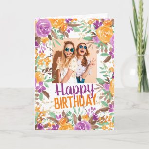 Cartão Foto de aniversário floral roxo laranja outono