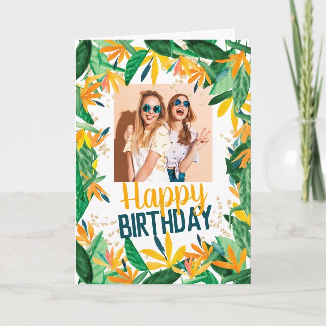 Cartão Foto de aniversário floral tropical feliz (Frente)