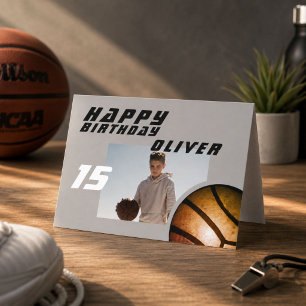 Cartão Foto de Bola de Basquetebol Menino Feliz Aniversár