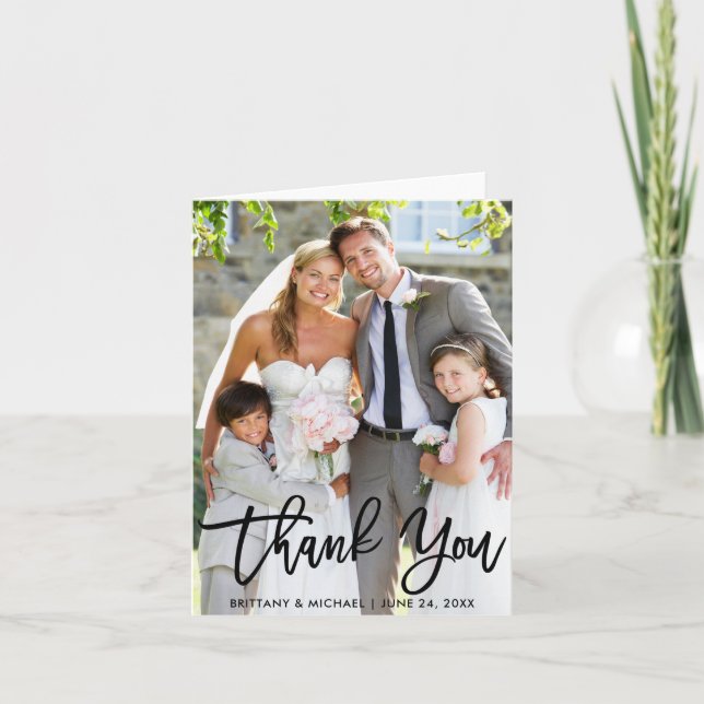 Cartão Foto de casamento Escrita de Pincel Moderno Obriga (Frente)