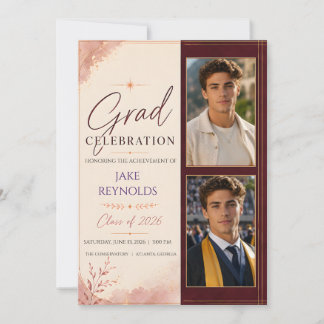 Cartão Foto de Celebração de Formatura Burgundy Dourada E