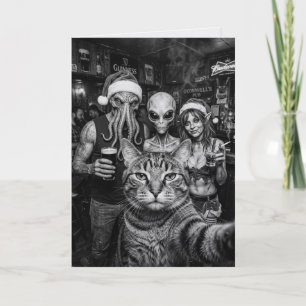 Cartão Foto de Gato Bigfoot Alien Elfo Bar Natal