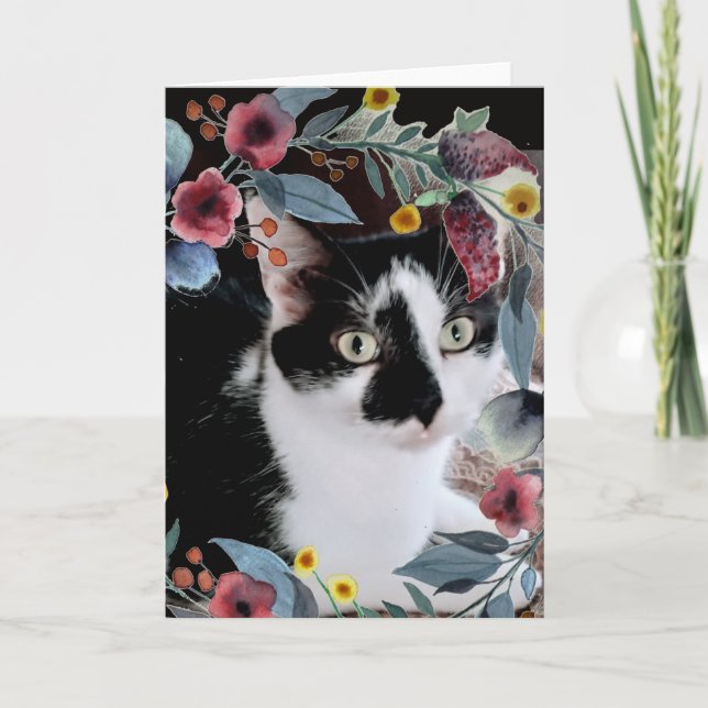 Cartão Foto de Gato de Tuxedo Branco Preto com Flores (Frente)