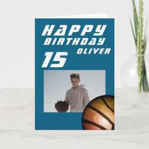 Cartão Foto de Menino com Bola de Basquete Azul Feliz Ani