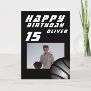 Cartão Foto de Menino com Bola de Basquete Preta Feliz An