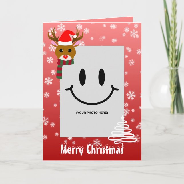 Cartão Foto de Natal Branco Rudolph Red Nosed Reindeer (Frente)