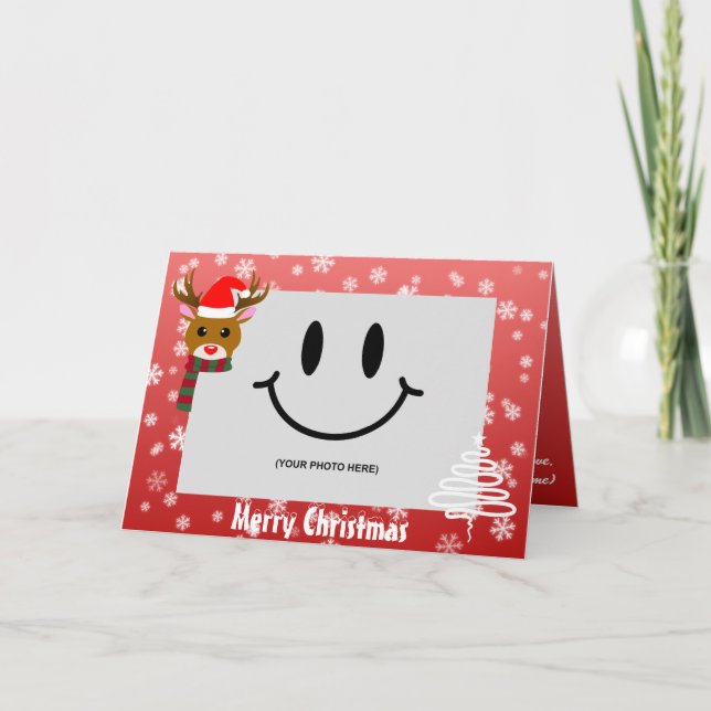 Cartão Foto de Natal Branco Rudolph Red Nosed Reindeer (Frente)