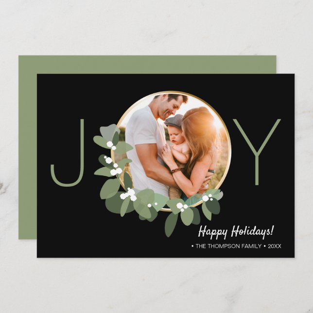 Cartão Foto de Natal da Dourada Wreath Moderna (Frente/Verso)