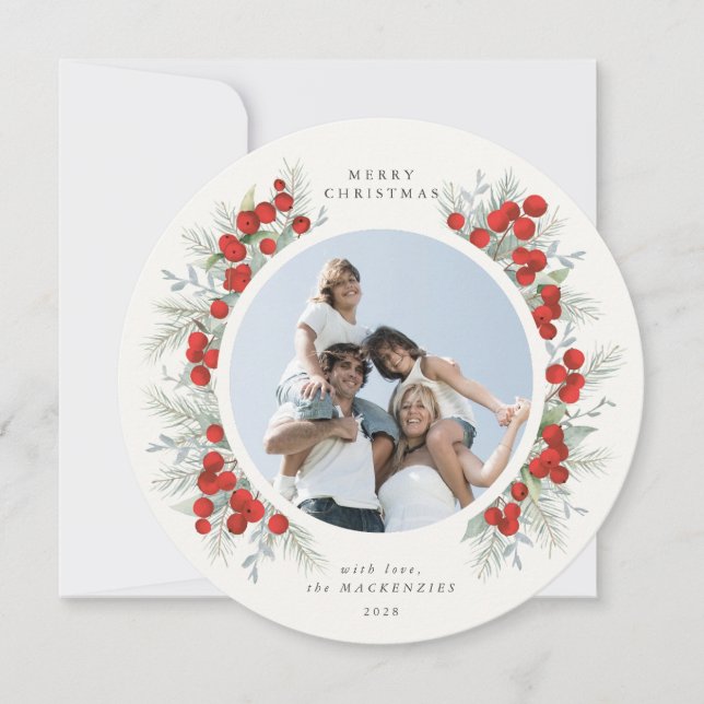 Cartão Foto de Natal Round Red Berries (Frente)