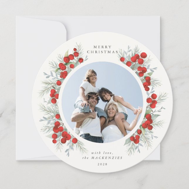 Cartão Foto de Natal Round Red Berries (Frente)