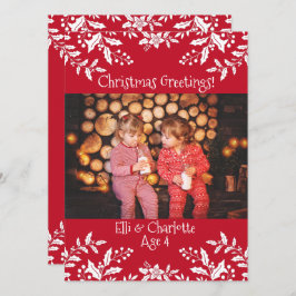 Cartão Foto de Natal Vermelho, Holly Branca, Festivo