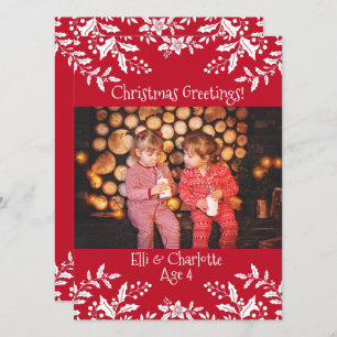 Cartão Foto de Natal Vermelho, Holly Branca, Festivo