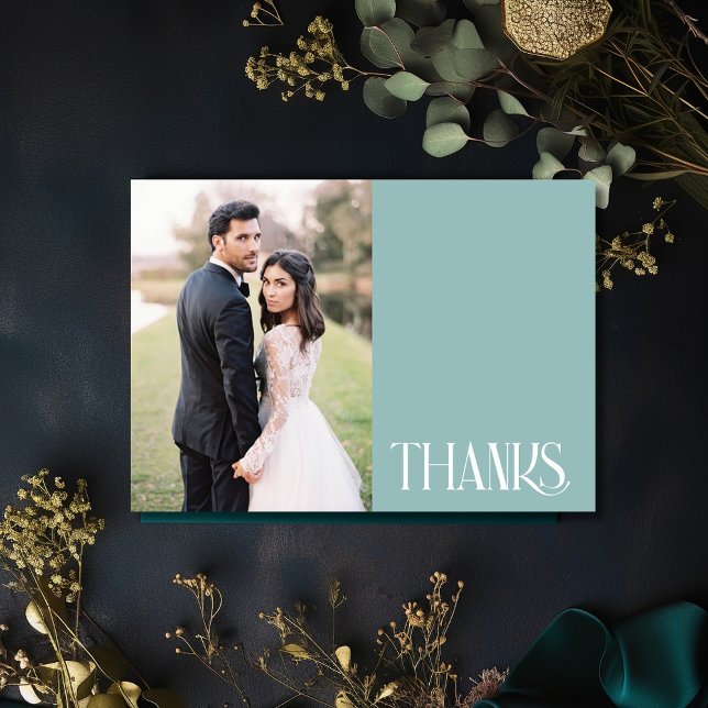 Cartão Foto do Casamento Verde Simples Teal Obrigado (Simple Teal Green Wedding Photo Thank You Card)