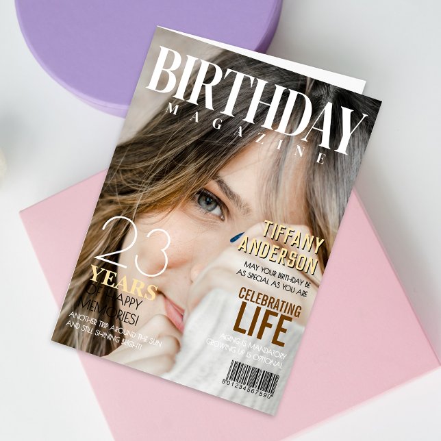 Cartão Foto do Cobrir da Revista Birthday (Make birthdays unforgettable with this photo magazine card, personalized, stylish, and frame-worthy!)
