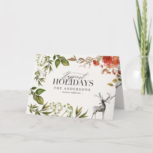 Cartão Foto do emblema de folhagem em aquarela Natal (Frente)