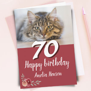Cartão Foto do Gato Rosa Aquarela Vermelha Aniversário de