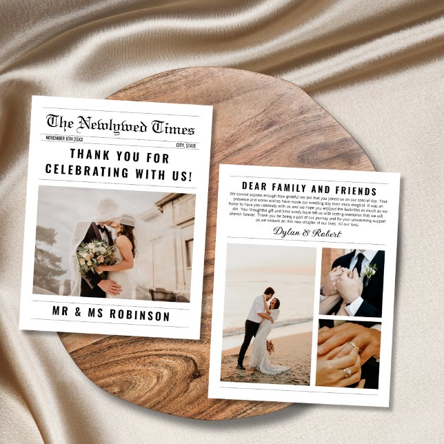 Cartão Foto do Jornal Colagem Elegante Casamento Obrigado (newspaper wedding thank you card 4 photo collage classic elegant)