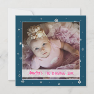 Cartão Foto do primeiro Natal da menina azul com flocos d