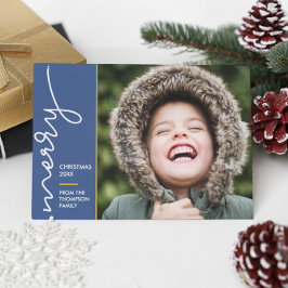 Cartão Foto do Script de Natal de Feliz Azul Moderno