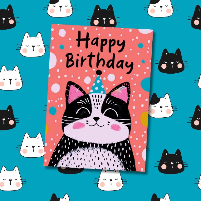 Cartão Foto e Nome Personalizados | Ilustração de Gato Pr (Birthday Card with Kids Art)