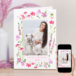 Cartão Foto Floral Delicada de Flor Rosa, Aniversário