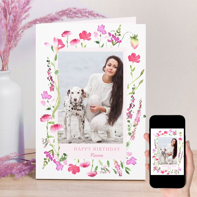 Cartão Foto Floral Delicada de Flor Rosa, Aniversário (Criador carregado)