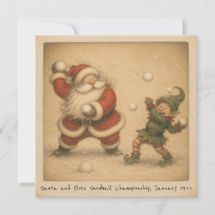 Cartão Foto Nostálgica de Papai Noel e Elfo Lutando com B