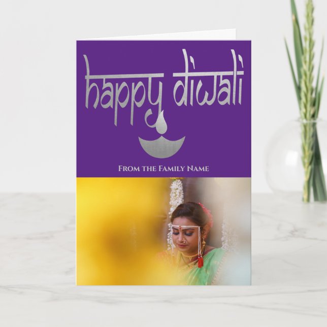 Cartão Foto Personalizada de Diwali Feliz Roxo e Prata (Frente)
