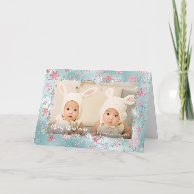 Cartão Foto personalizada de flocos de neve rosa azuis el (Frente)