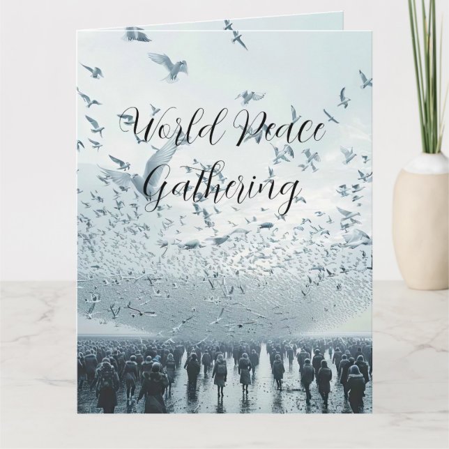 Cartão foto pombo da paz multidão na praia (Frente)