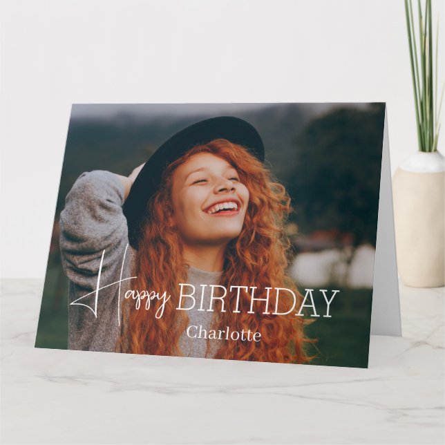 Cartão Fotografia Estilosa de Aniversário com Caligrafia  (Frente)