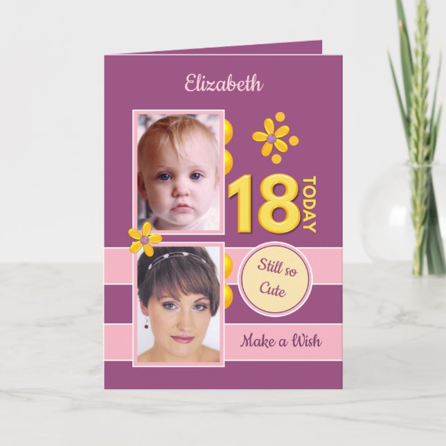 Cartão Fotos bonitinhas roxas do 18º aniversário (Frente)