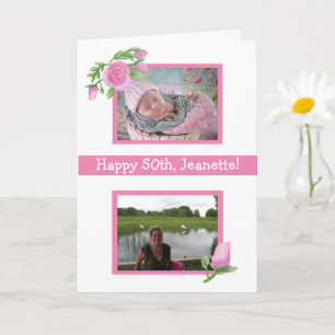 Cartão Fotos de aniversário com aquarela rosa agora e ant